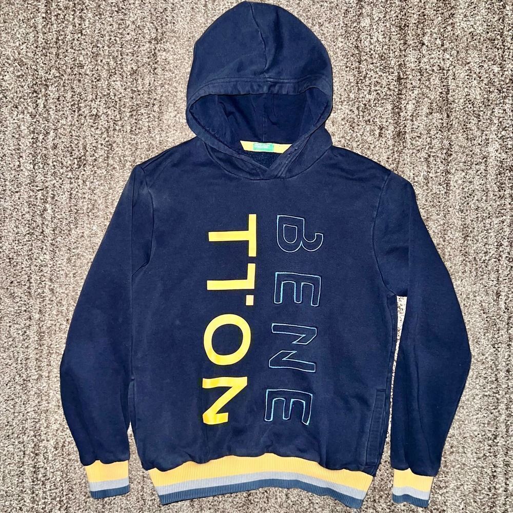 United Colors Of Benetton Navy Blue Hoodie Sweater with Yellow Lettering